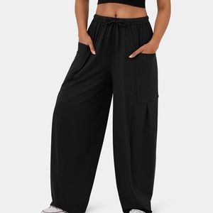 Mid Rise Elastic Waistband Drawstring Side Pocket Palazzo Flowy Wide Leg